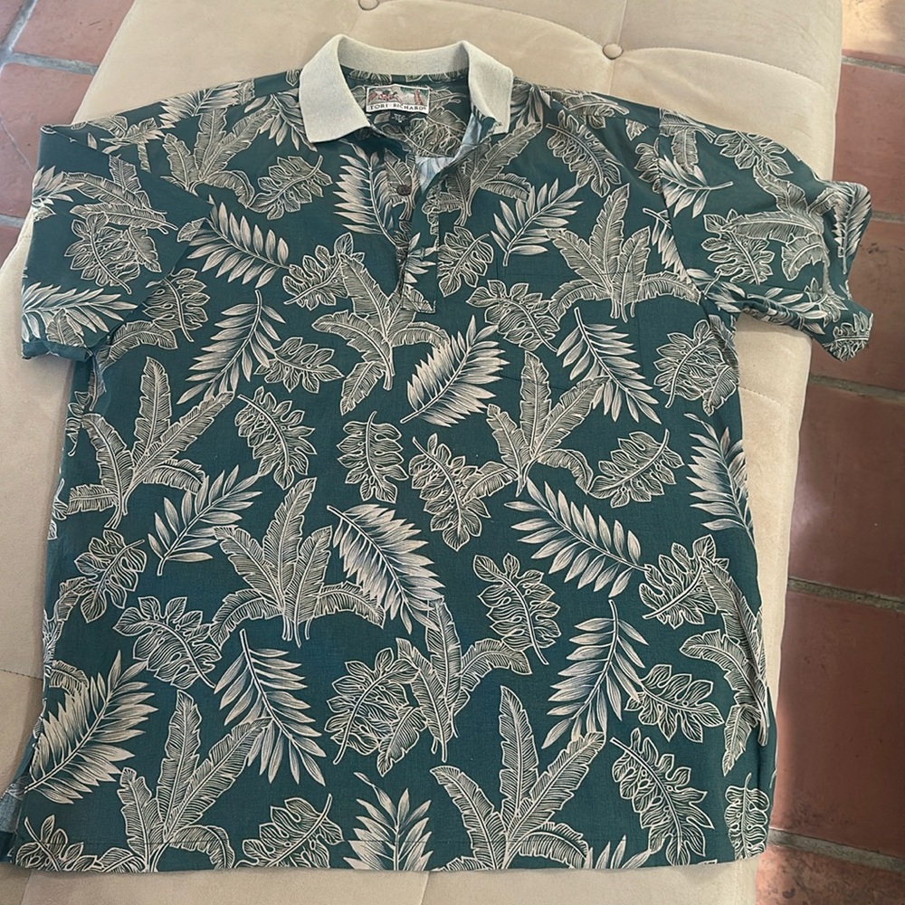 Tori Richard Green Cream Leaf Print Shirt Polo